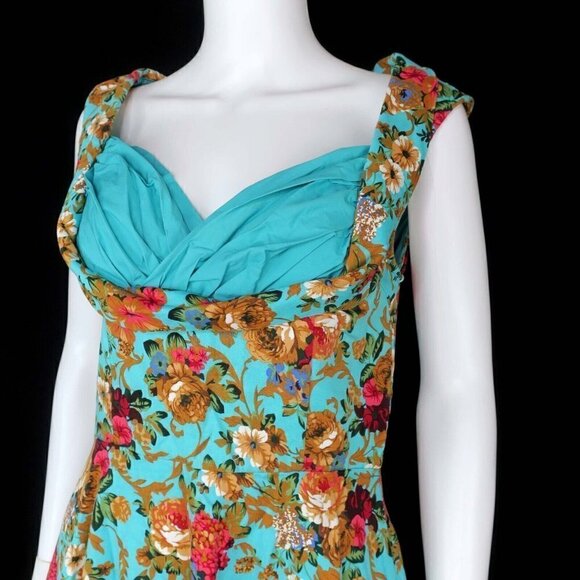 Lindy Bop Ophelia Retro Pin Up Turquoise Floral Fit and Flare Swing Dress Medium - Picture 4 of 9